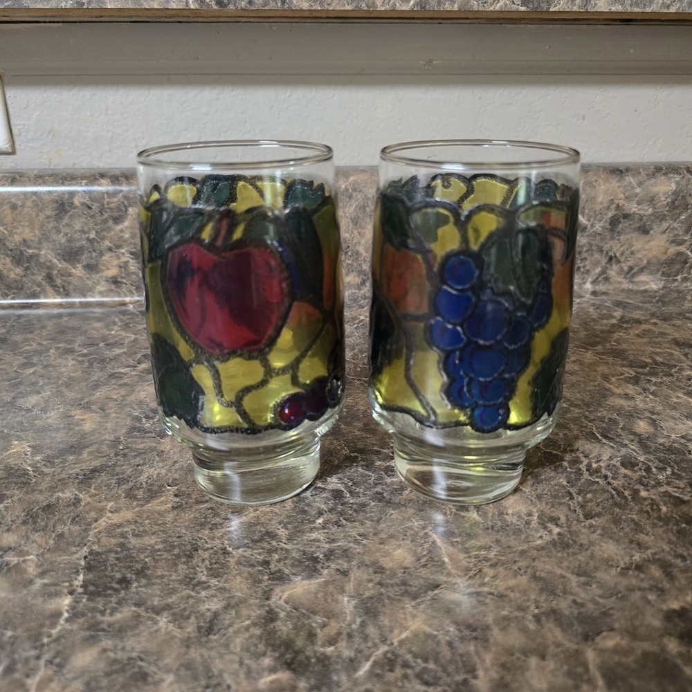 2 Ct Libbey Glass stained glass 12 oz‎ flat tumblers Fruit Panorama Yellow Back